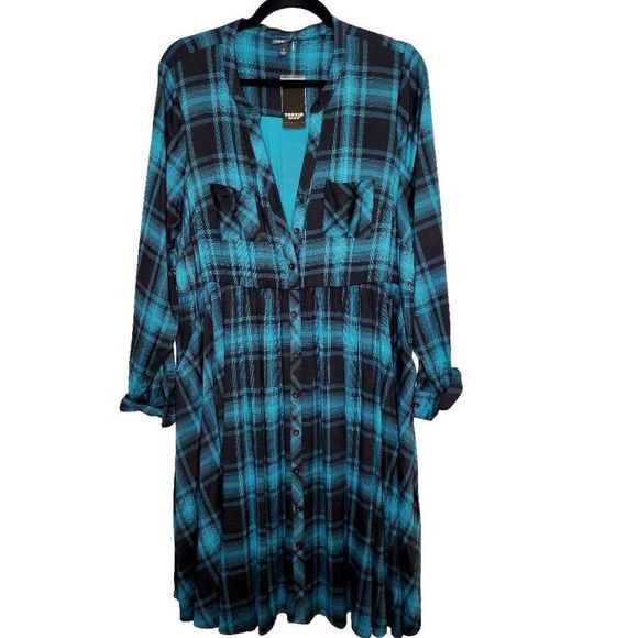 torrid Dresses & Skirts - TORRID Women's 1X 14-16 Long Sleeve Button Front Shirt Dress, Teal Plaid